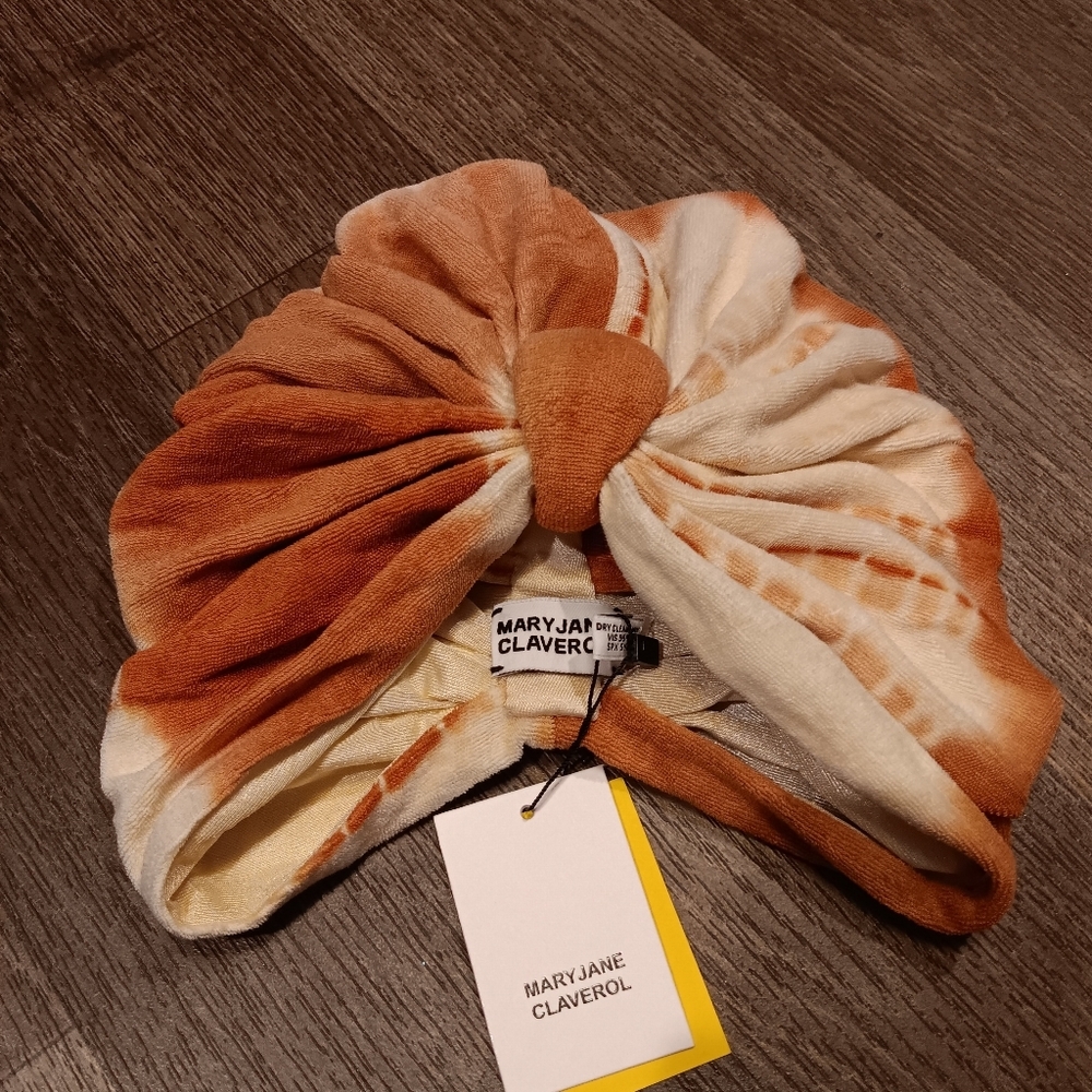 Mary Jane Claverol Tie-Dye Knotted Turban Headband in Rust and Cream